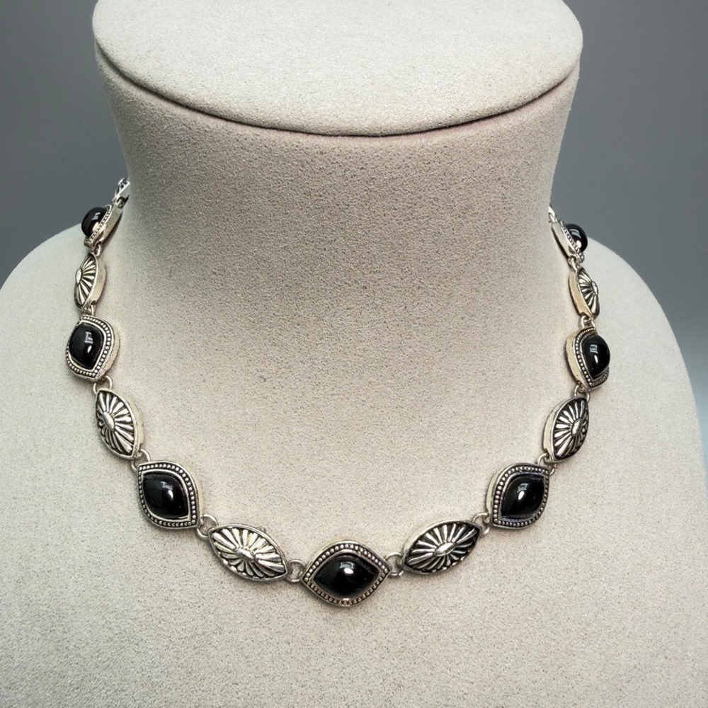 Concho Style Choker Necklace 16" Silver Tone Black Stone Southwestern Chic